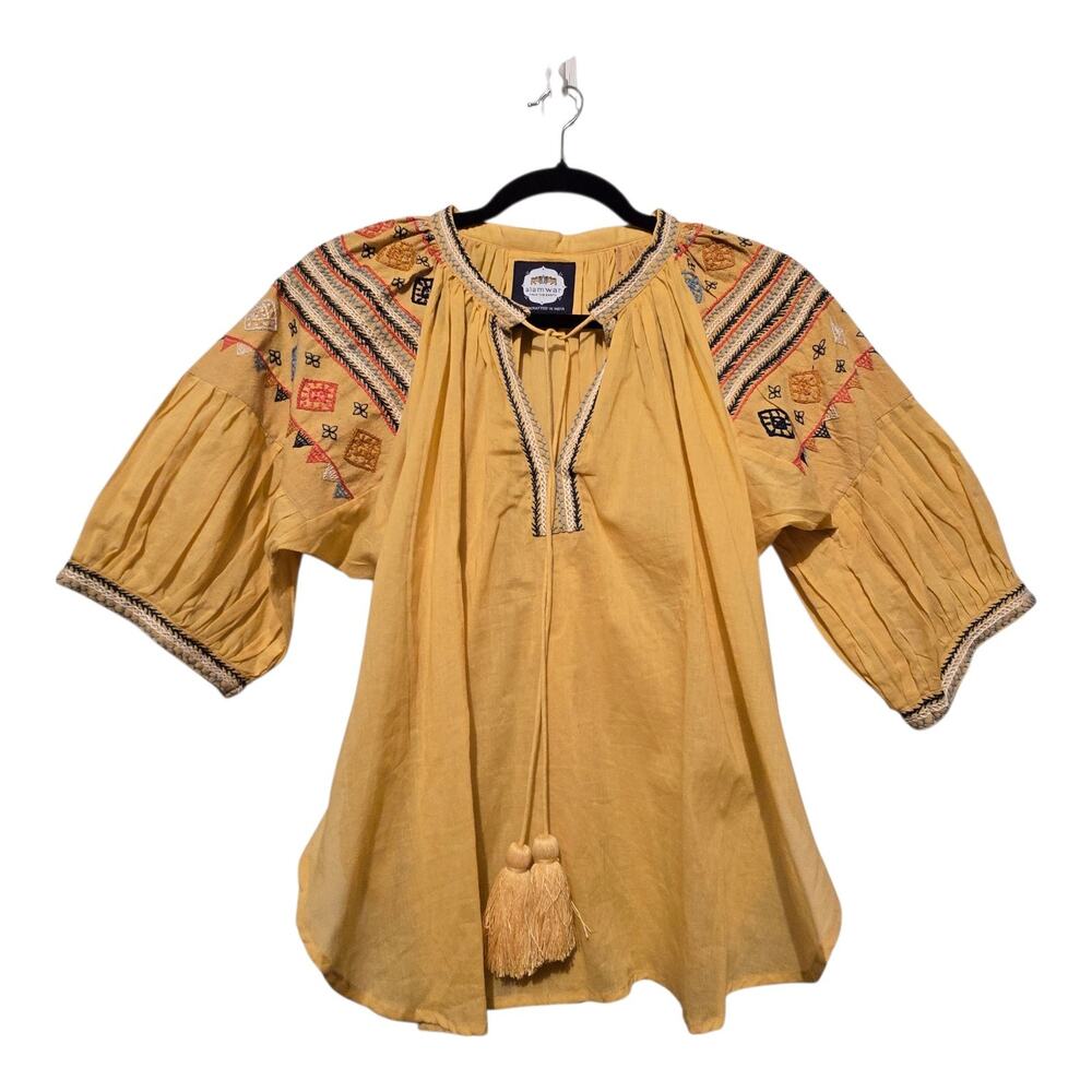 ALAMWAR Anthropologie Peasant Top Womens SM Gold Embroidery Tassel Boho Festival